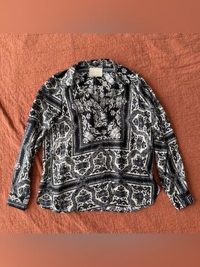 Momoni 100% Silk Arles Shirt Black Cream Geometric Print Button Up Blouse IT 38